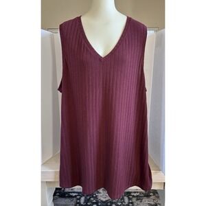 Lane Bryant V Neck Ribbed Sweater Tank Sleeveless Burgundy Size 26/28 Stretch